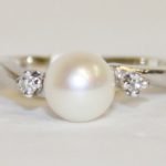 White Gold Pearl and Diamond Three Stone Ring