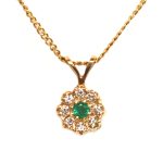 Yellow Gold Emerald and Diamond Cluster Necklace