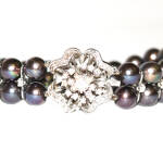 Double Strand Black Pearl Bracelet with White Gold Diamond Flower Clasp - 0.89ct.