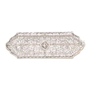 Antique White Gold Art Deco Filigree Diamond Bar Pin - 0.10ct